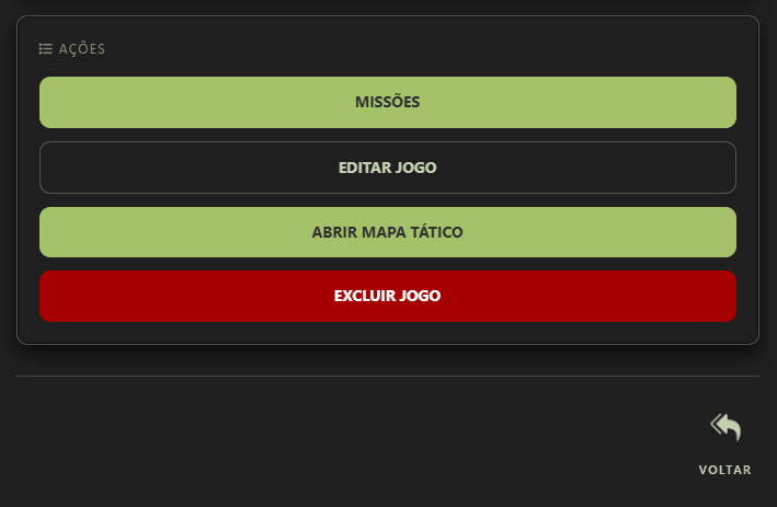 Seção Ações: Missões, Editar jogo, Abrir mapa tático, Excluir jogo e link Voltar.