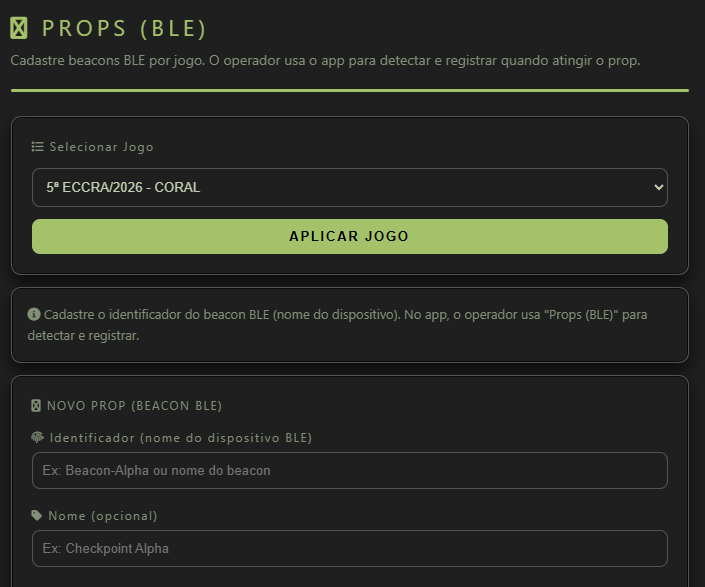 Painel Props BLE: selecionar jogo, aviso informativo e início do formulário Novo prop com identificador BLE e nome.