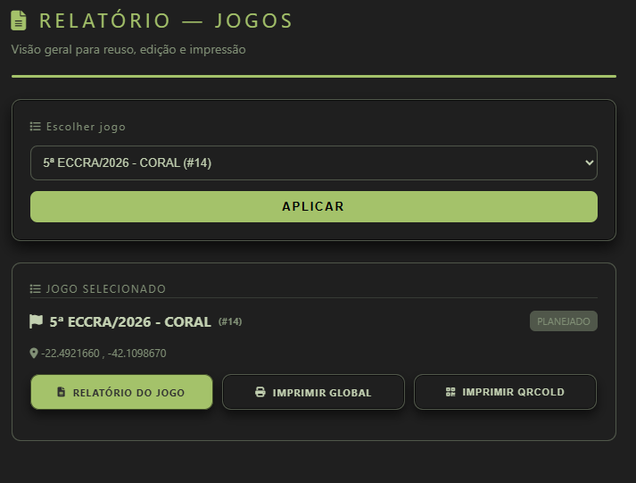Relatório Jogos: escolher jogo, Aplicar, jogo selecionado e botões Relatório do jogo, Imprimir global e Imprimir QRCODE.