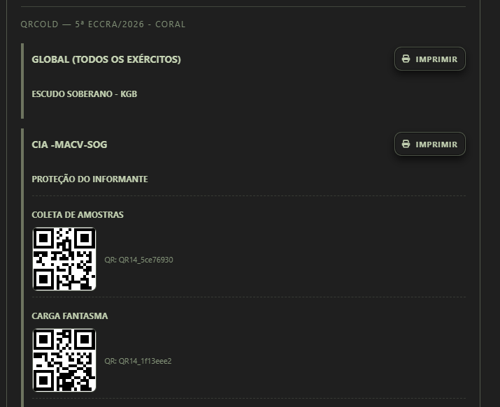 Impressão QRCODE: blocos Global, exército CIA-MACV-SOG com missões, QR codes e botão Imprimir por secção.