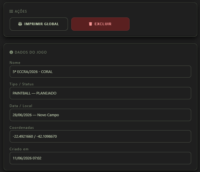 Relatório do jogo: Ações Imprimir global e Excluir, e Dados do jogo com nome, tipo, status, data, local e coordenadas.