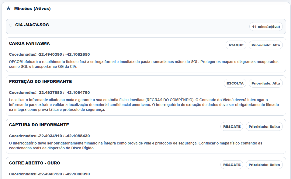 Relatório: Missões ativas por exército com tipo, prioridade, coordenadas e descrição.