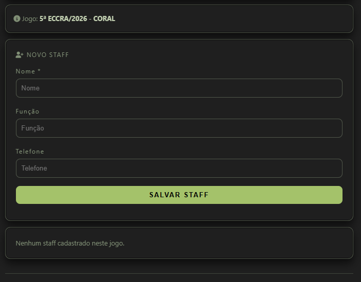 Staffs: jogo selecionado, formulário Novo staff com Nome, Função, Telefone, Salvar staff e lista vazia.