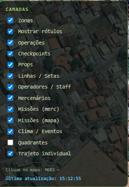 Painel Camadas do mapa com opções Zonas, Mostrar rótulos, Operações, Checkpoints, Props, Linhas e Setas, Operadores e Staff, Mercenários, Missões, Clima e Eventos, Quadrantes, Trajeto individual e MGRS.