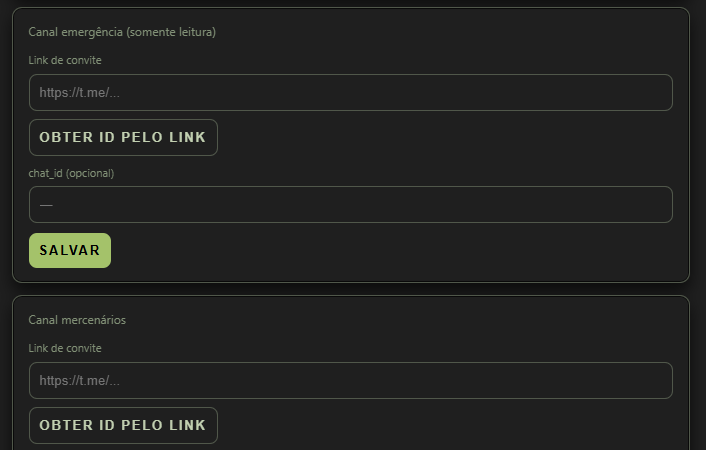 Canais globais: Canal emergência somente leitura e Canal mercenários com link, Obter ID pelo link, chat_id e Salvar.
