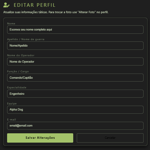 Tela Editar perfil: campos de nome, apelido, operador, função, especialidade, equipe, e-mail e botões Salvar alterações e Cancelar.