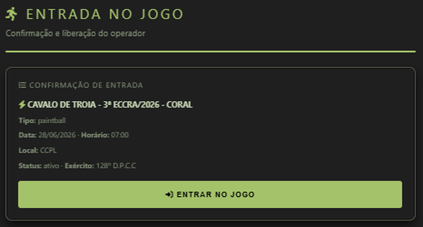 Tela Entrada no jogo: título Entrada no jogo, cartão Confirmação de entrada com nome do evento, tipo, data, horário, local, status, exército e botão Entrar no jogo.