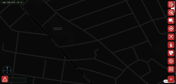 Mapa com ruas escuras: fundo preto e vias em cinza, nomes discretos.