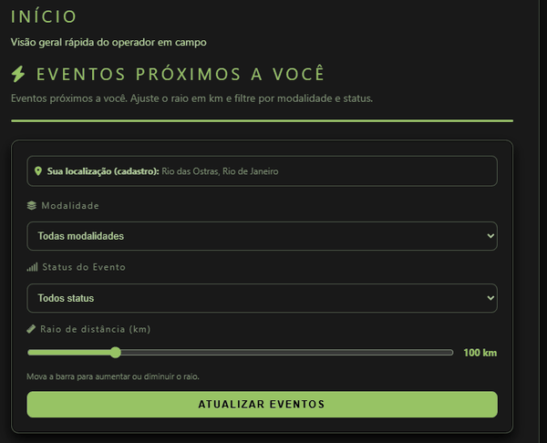 Tela Início: título Início, bloco Eventos próximos a você com localização do cadastro, filtros de modalidade e status, barra de raio em km e botão Atualizar eventos.