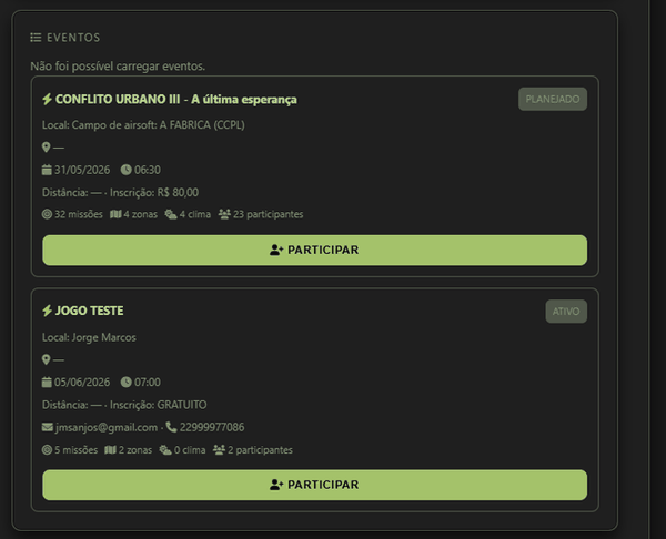 Lista de eventos no Início: cartões com local, data, inscrição, status Planejado ou Ativo e botão Participar.