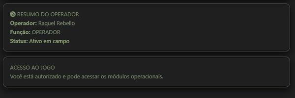 Cartões Resumo do operador e Acesso ao jogo: operador, função, status Ativo em campo e mensagem de autorização para usar os módulos.