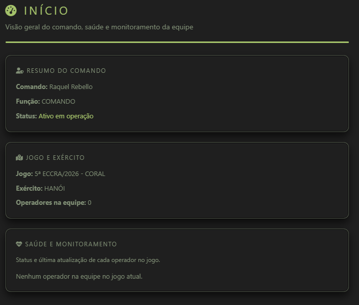 Tela Início do comando: título INÍCIO, cartões Resumo do comando, Jogo e exército e Saúde e monitoramento com status Ativo em operação.
