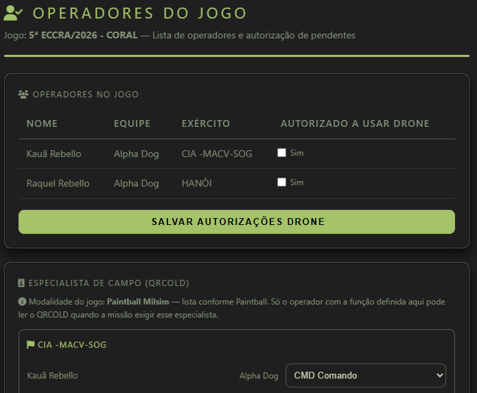 Operadores no jogo: tabela Nome, Equipe, Exército, Autorizado a usar drone e botão Salvar autorizações drone; início de Especialista de campo QRCOLD.