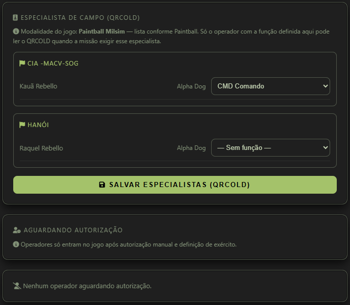 Especialista de campo QRCOLD por exército com dropdown CMD Comando, Salvar especialistas, e bloco Aguardando autorização vazio.