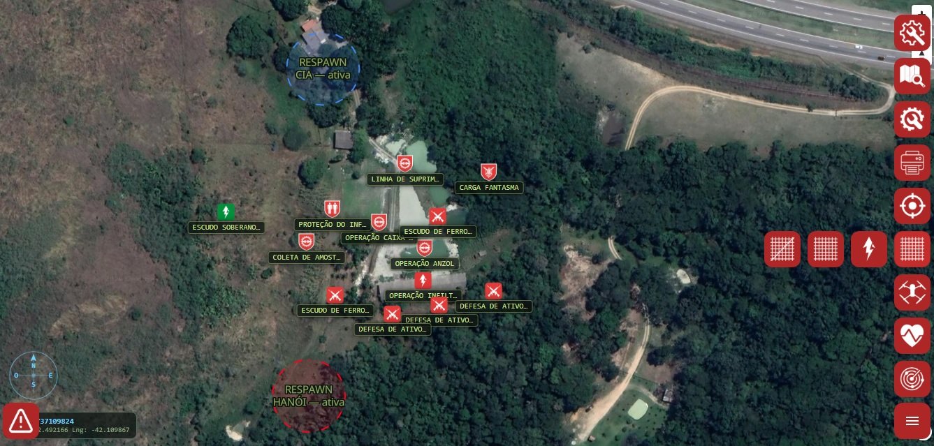 Mapa tático com submenu Quadrantes aberto: grade com traço no meio para desativar e demais opções para ligar a camada.