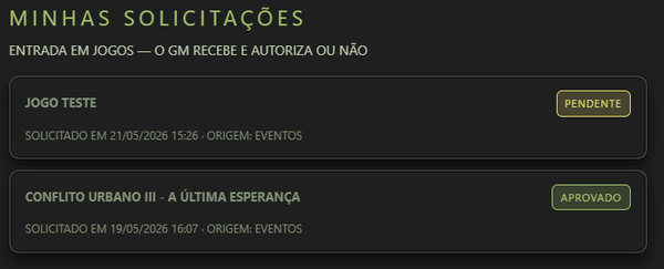 Tela Minhas solicitações: cartões com nome do jogo, selo Pendente ou Aprovado, data de solicitação e origem Eventos.