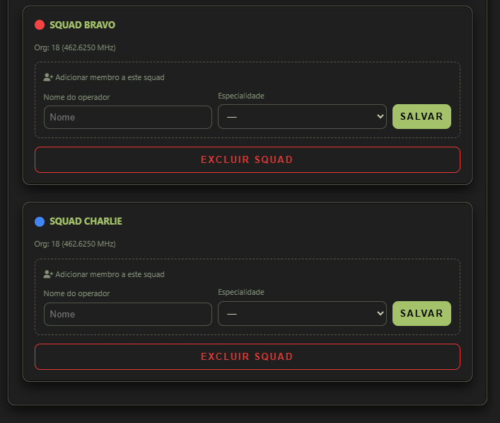 Cartões SQUAD BRAVO e SQUAD CHARLIE com frequência Org, adicionar membro e botão Excluir squad.