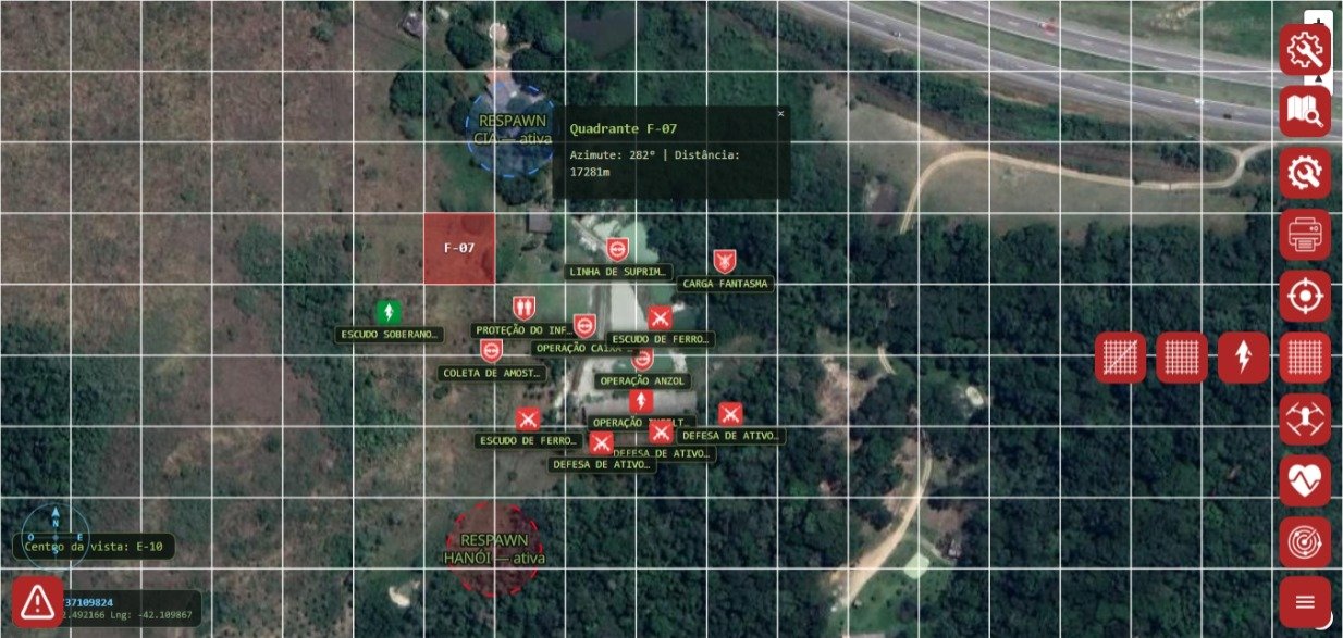 Mapa tático com quadrantes e operadores no terreno